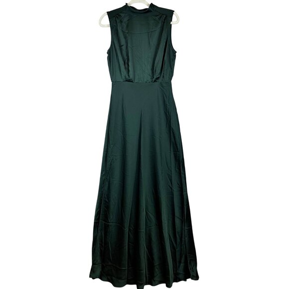 Lulus Classic Elegance Green Satin Sleeveless Mock Neck Maxi Dress Medium - Picture 2 of 14
